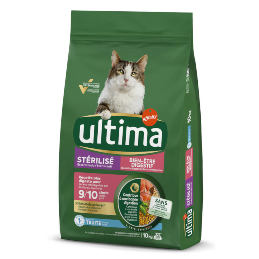 1,5 kg gratis! 7,5 kg / 10 kg Ultima Cat Crocchette per gatti - (8,5 + 1,5 kg) Sterilized Digestive Well-Being Trota