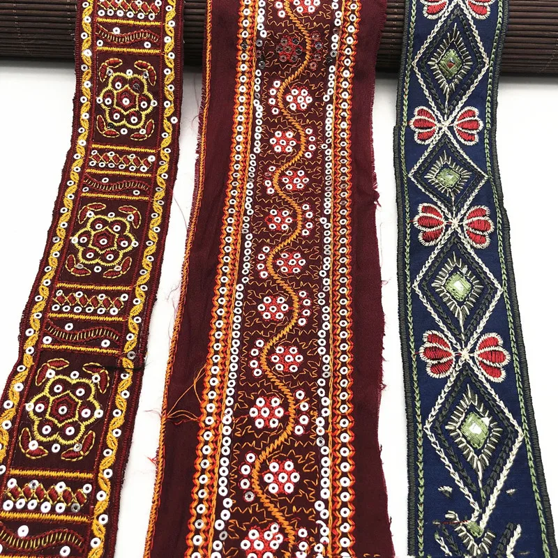 Ruban Jacquard en dentelle brodée ethnique de 1 m, ruban à paillettes pour accessoires de vêtements, fabrication artisanale de bricolage