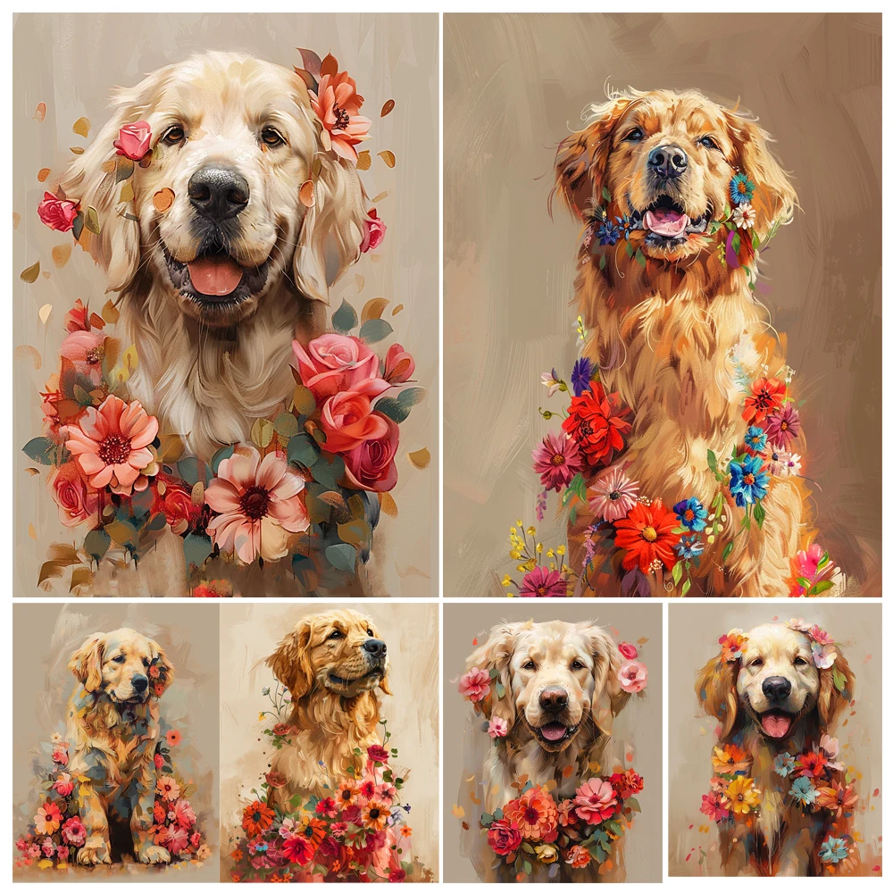 Kit de peinture acrylique numérique bricolage Golden Retriever, chien avec fleur, art animalier, canva, peint à la main, décoration d'intérieur, cadeau personnalisé