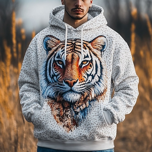 Herren Tiger Kapuzenshirts Pullover Mode Cool Täglich Langarm Rundhalsausschnitt Party Ferien Streetwear Weiß Kordelzug Herbst Winter Designer S M L XL XXL XXXL Image