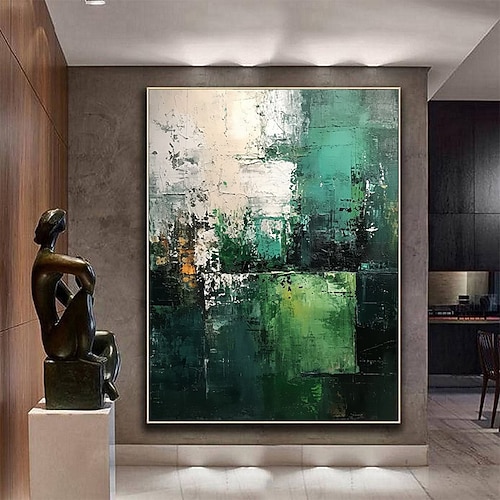 handgemaltes grünes Minimalismus-Gemälde, beige, Wandkunst, großes, weißes, abstraktes Ölgemälde mit Goldfolie auf Leinwand, Wohndekor für Wohnzimmer, kein Rahmen Image