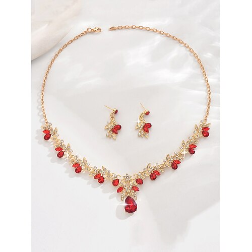 Elegantes Kristall-Halsketten- und Ohrring-Set für Damen – funkelndes Tropfen- und Blätterdesign für Hochzeiten und formelle Anlässe Image