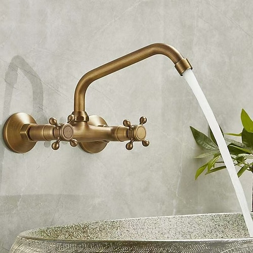 Waschbecken Mischbatterie Wandmontage verdeckte Badezimmer Waschbecken Wasserhahn gebürstet Retro Messing Antiquefaucet golden weit verbreitet Wandmontage
