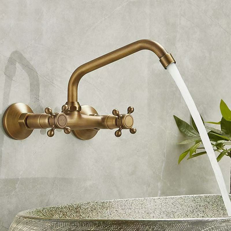 Sink Basin Mixer Tap Wall-Mounted Concealed Bathroom Sink Faucet Brushed Retro Brass Antiquefaucet Golden Widespread Wall Mounted