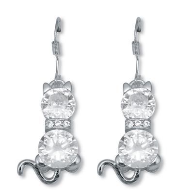 Women's Round Crystal Silvertone Cat Earrings by PalmBeach Jewelry in White (Size ONE SIZE)