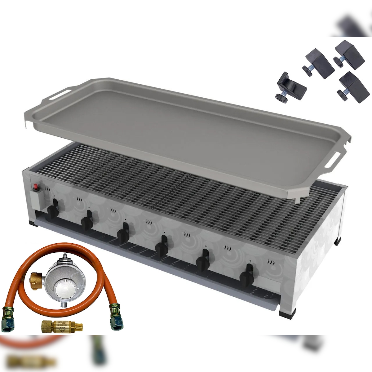 ChattenGlut ChattenTec Professional doppelwandiger Gastrobräter 6-flammig Tischgerät 24 kW, Flüssiggas 1145x530x280 mm mit Gewerberegler und Rost und Pfanne Image