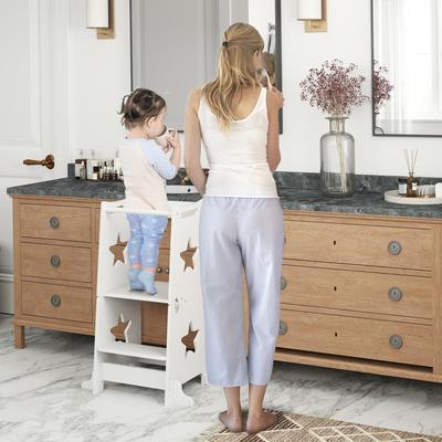 Qaba Toddler Tower, Toddler Step Stool, 2 in 1 Toddler Kitchen Stool Helper with Safety Rail for Bathroom, Sink, Kitchen, White