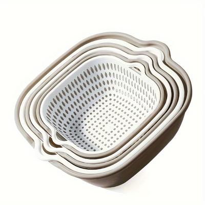 TEMU 3-piece Double-layer Plastic Draining Basket Set - Multifunctional Kitchen Strainers For Vegetables, Fruits, Snacks | Colanders With Drip Basin | Stackable Food Prep & Storage Containers