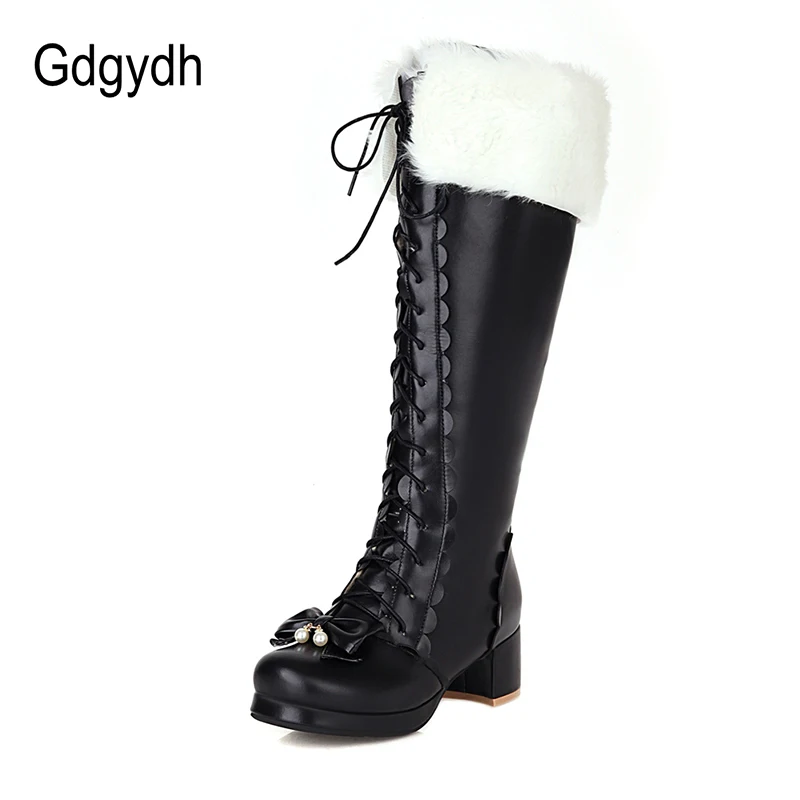 Gdgydh Warme Plüsch Winter Stiefel Frauen Knie Hohe Lange Stiefel Lace Up Rosa Gothic Lolita Schuhe Weibliche Mode Bogen Knoten große Größe