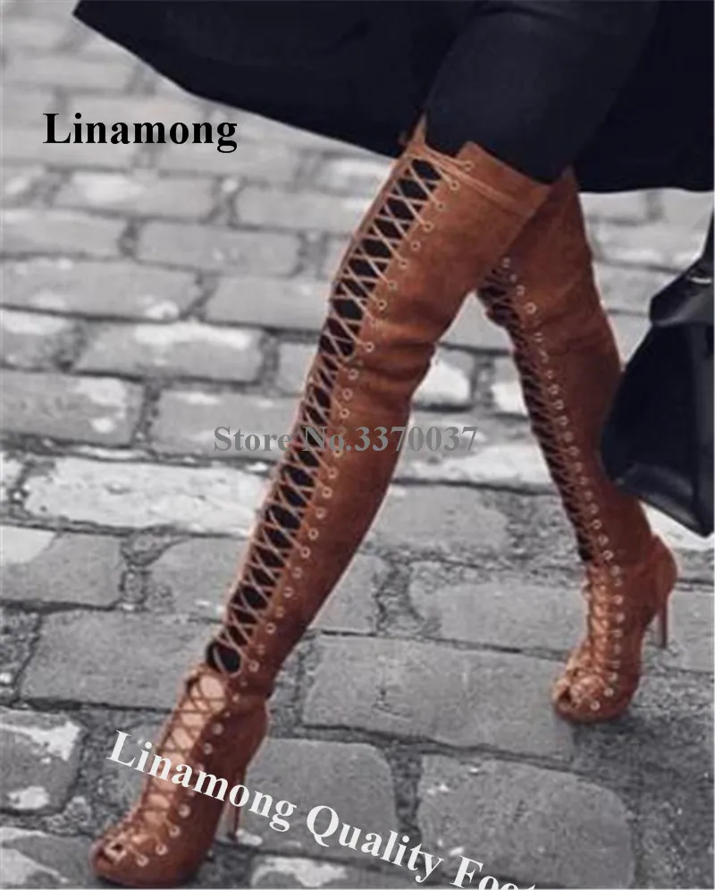 Linamong Western Stilvolle Gladiator-Stiefel mit Peep-Toe-Overknee-Stiletto-Absatz und Schnür-Ausschnitt, braun-schwarze Wildleder-Stiefel mit langem High-Heel
