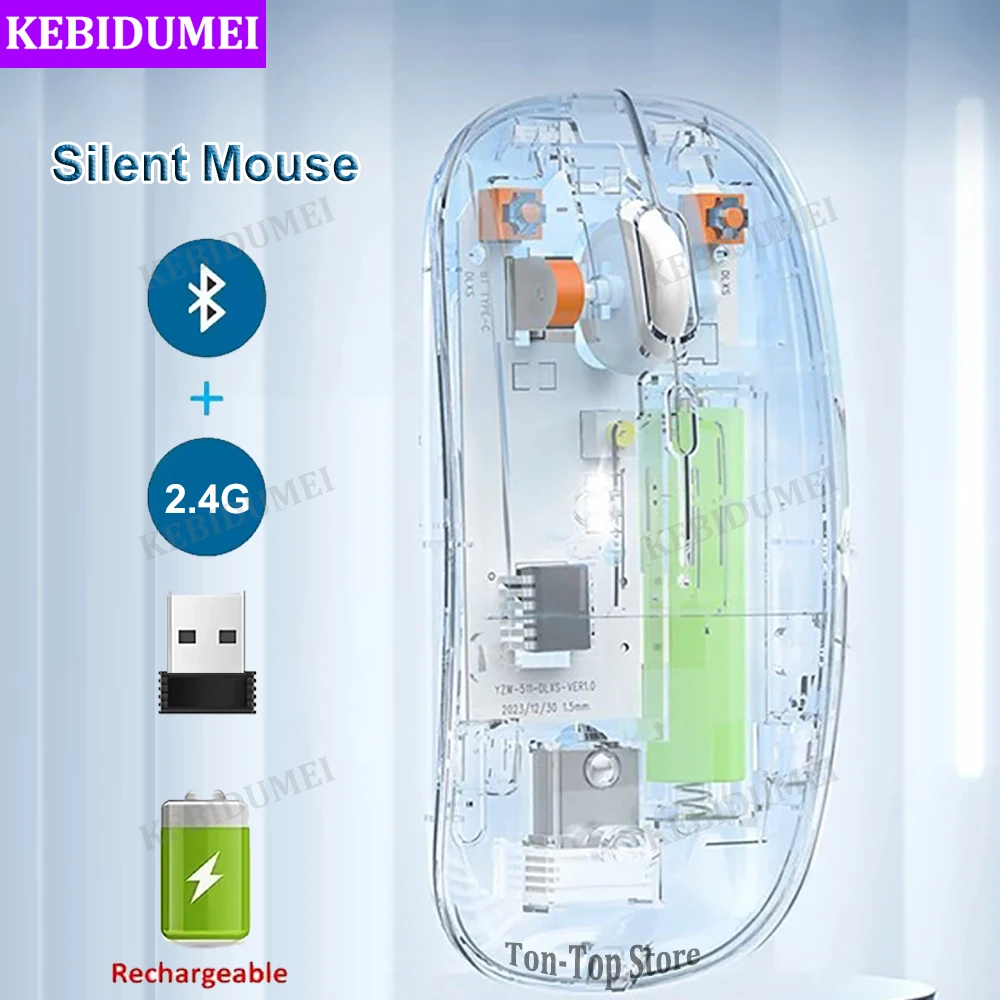 Bluetooth-Maus, 2,4 G, kabellose Maus, Dual-Modus, transparente Maus, 1600 DPI, leise Maus, wiederaufladbare Mäuse für PC, Laptop, MacBook Image