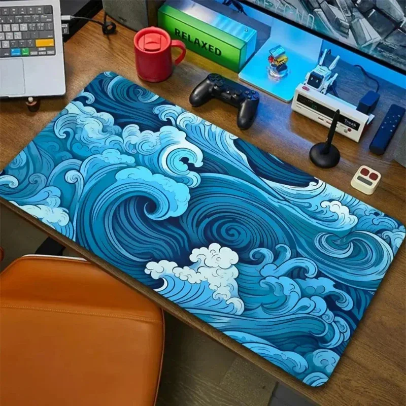 Mousepad Beautiful Nature Rubber Schreibtischunterlage Matte Gamer Mousepad Ästhetische Schreibtischunterlage Kunst Japanische Great Waves Gaming Mauspad Blau Image