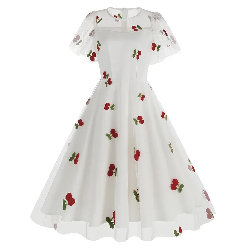 2024 neue Retro rosa Erdbeer Mesh elegante Geburtstag lange Kleid 50er Jahre Frauen Flare Ärmel Sommer Luxus Abschluss ball Abend Party Kleider