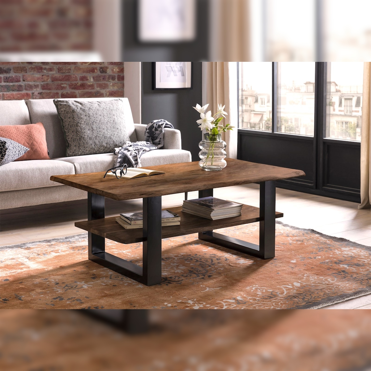 Möbelliebling Couchtisch Baumkante 115 x 65 cm Akazie massiv + nussbaumfarben schwarz PATRICK Image