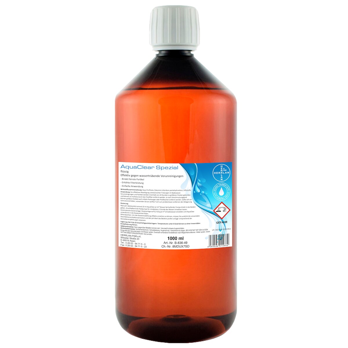 HERRLAN AquaClear flüssig 1 L KristallKlar Anti Trübung Pool Wasseraufbereitung Für alle Filterarten Herrlan-Qualität Made in Germany Image