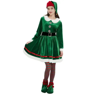 Women s Christmas Elf Costume Set with Dress Belt Hat Shoe Covers and Socks - Perfect for Cosplay