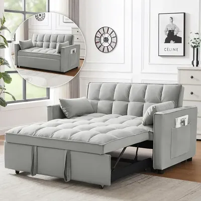 3 in 1 Convertible Sleeper Sofa Bed, Futon Couches for Living Room with Side Pocket, Adjustable