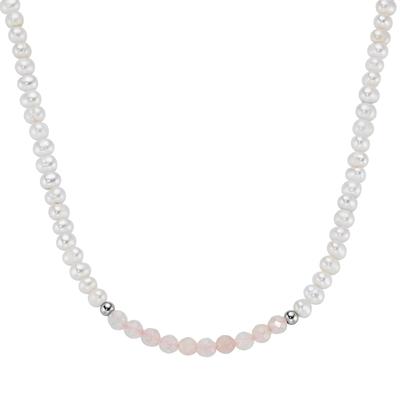 Smart Jewel - Collier mit Süßwasser-Perlen und Rosenquarz, Silber 925 Ketten 1 ct Nude