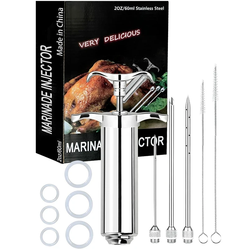 LMETJMA 2 oz Fleischinjektor-Spritzen-Set mit 3 Marinade-Nadeln, Edelstahl-Fleischinjektor für BBQ, Grill, Raucher, Rindfleisch JT334 Image