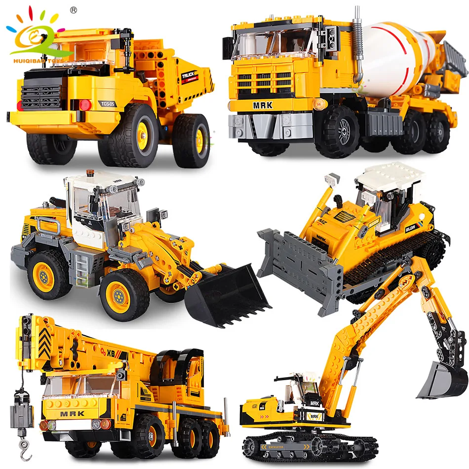 HUIQIBAO Engineering Lkw Bausteine Fahrzeug Bagger Bulldozer Kran Auto Ziegel Stadt Bau Spielzeug Für Kinder Jungen Image