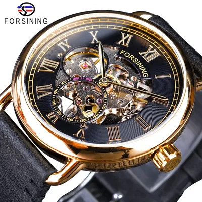 Forsining Klassische Schwarz Goldene Durchbrochene Uhren Skeleton Herren Mechanische Armbanduhren