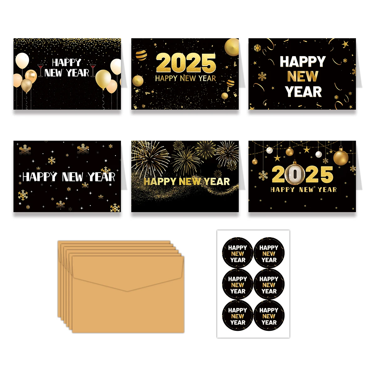 2025 Frohes Neues Jahr, 6 Set Gold- und Schwarzgrußkarten mit Umschlag und Dichtungsaufkleber, Neujahrsgeschenk für Freunde und Familie Image