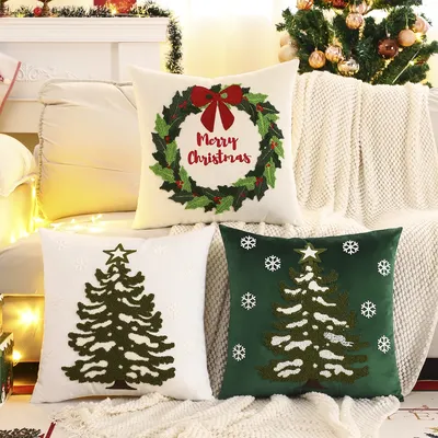 1PC Weihnachtsbaum Dekokissenbezug Samt Stickerei Schneeflocke Weihnachtsdekoration Wohnzimmer Image