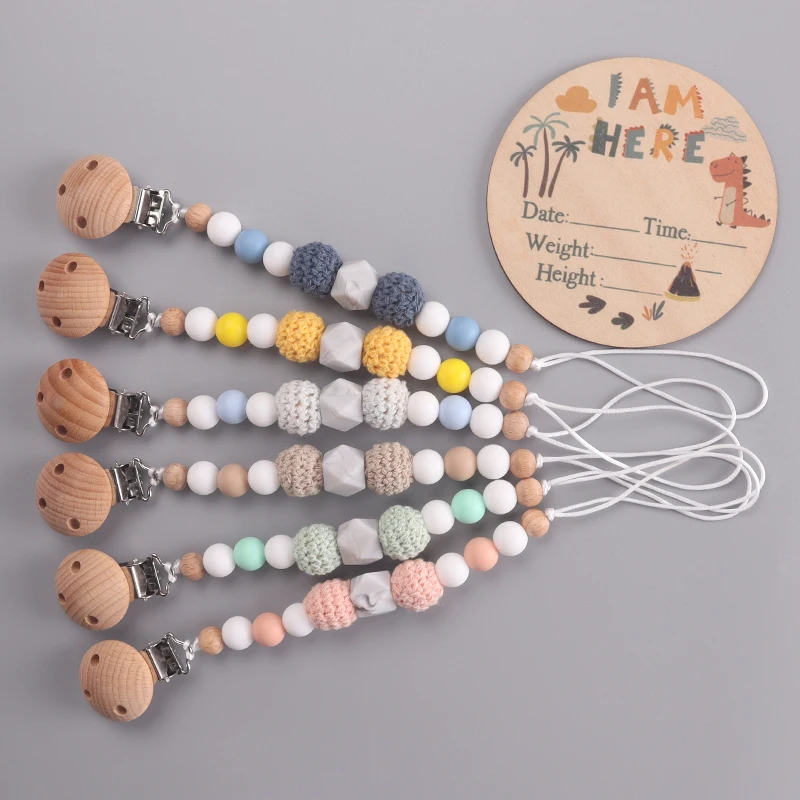 Baby Schnullerkette Buche Schnuller Nippelklammern für Silikon Perlen Schnullerhalter Kette Pflege Kauspielzeug Dusche Geschenk Image
