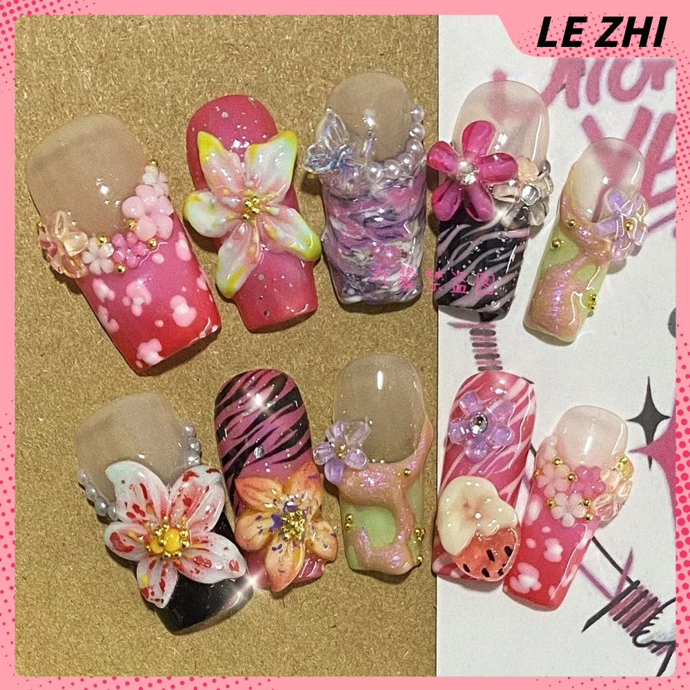 10 Stück handgemachte 3d Lilie drücken auf Nägel Kunst Gradient rosa Romantik Blume Zebrast reifen Quadrat gefälschte Nägel Party Aufkleber Mädchen Geschenk Image