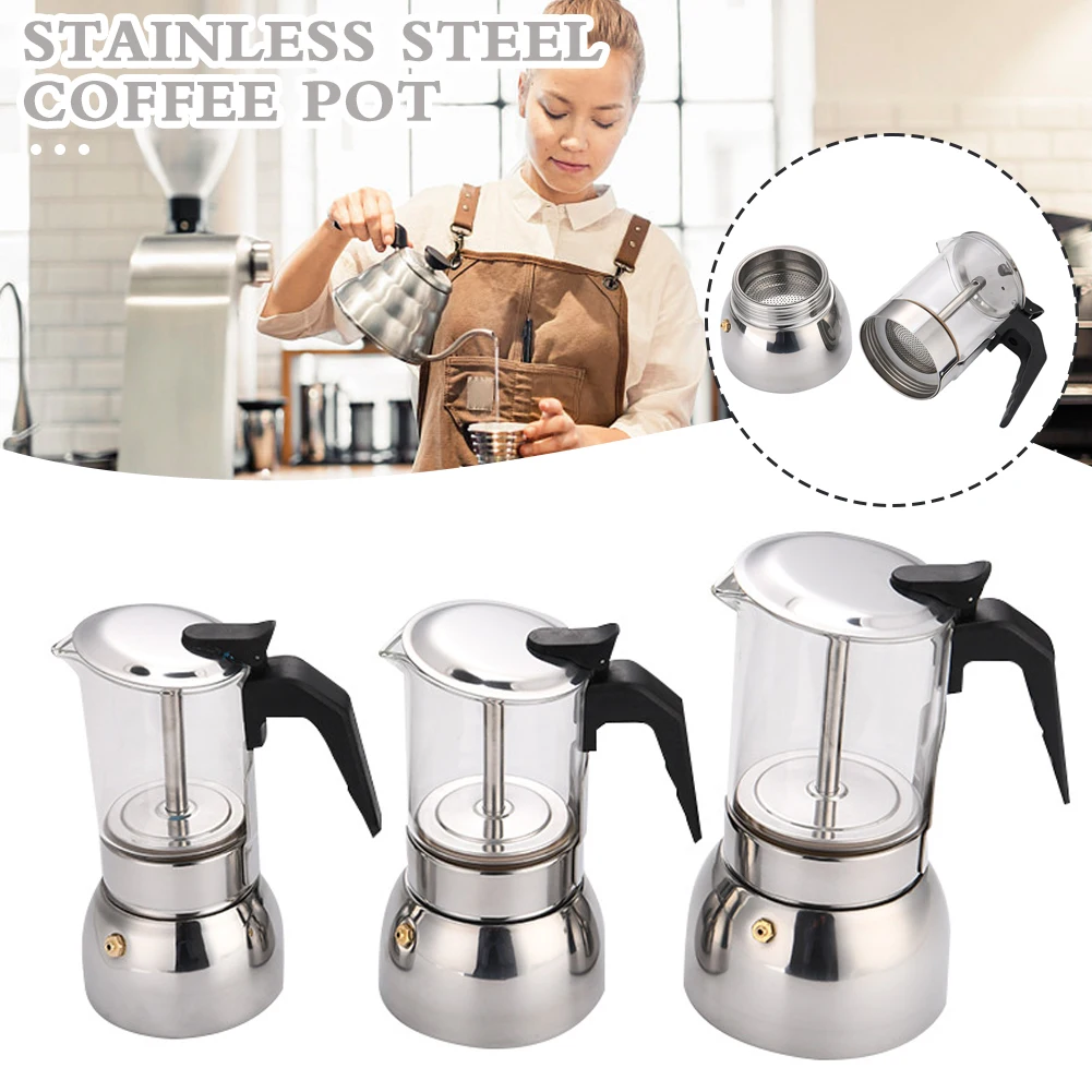 Edelstahl Moka Topf Caffe Maschine Glas Espresso Kaffeemaschinen Latte Percolator Herd Top Moka Kaffeemaschine 200/300/450ML Image