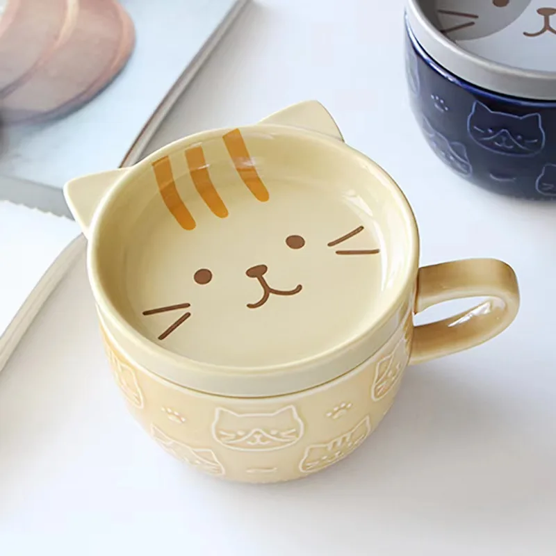 YWDL Cartoon Tier Keramik Kaffeetasse Kinder Geschenk mit Deckel Becher Paar Kaffeetasse Frühstück Milchbecher Porzellan Home Kitchenware Image