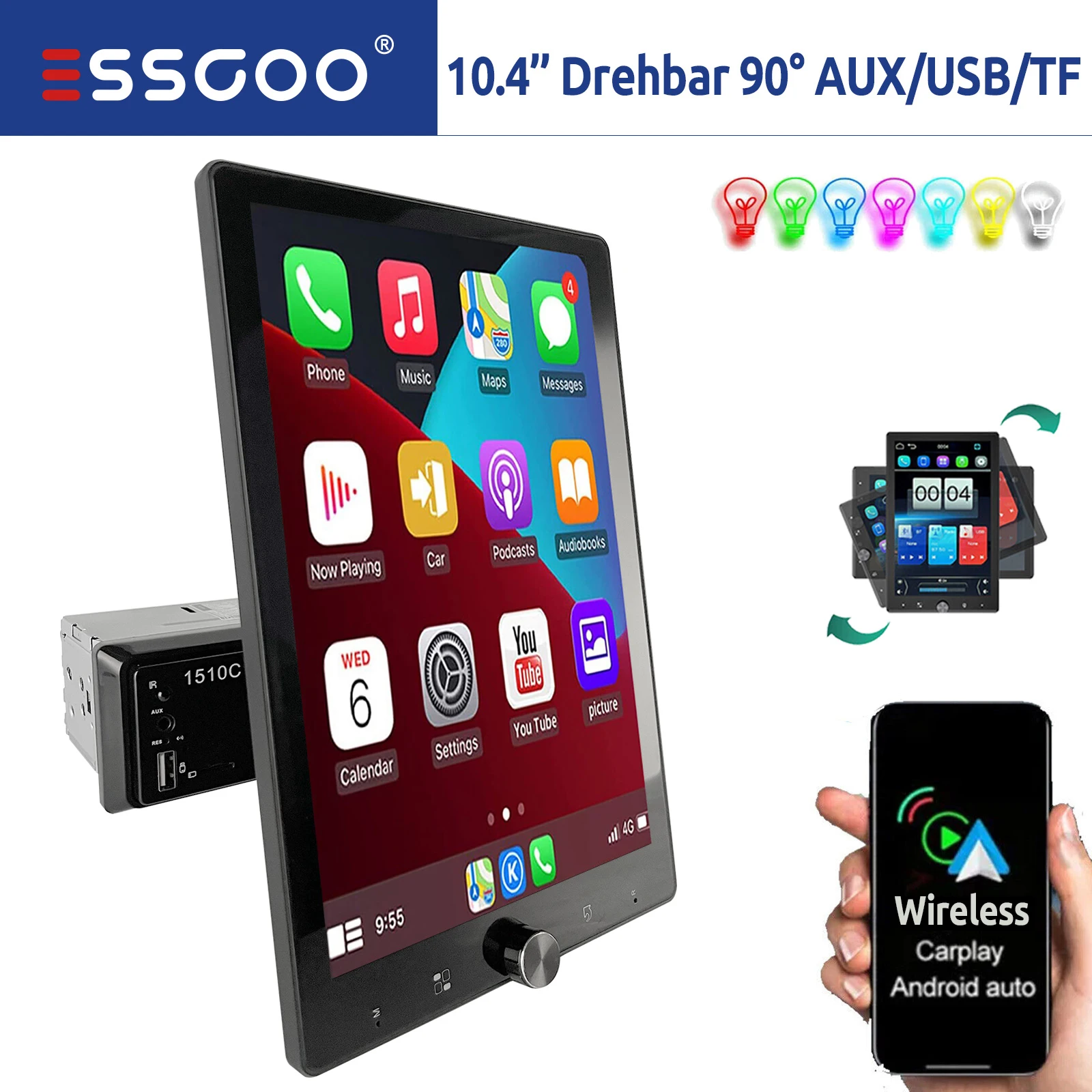 ESSGOO 10,4 Zoll Rotierbares 90° IPS Touchscreen Einzel 1 DIN Autoradio Drahtloses Apple Carplay Android Auto USB AUX TF FM Bluetooth Mirror Link Image