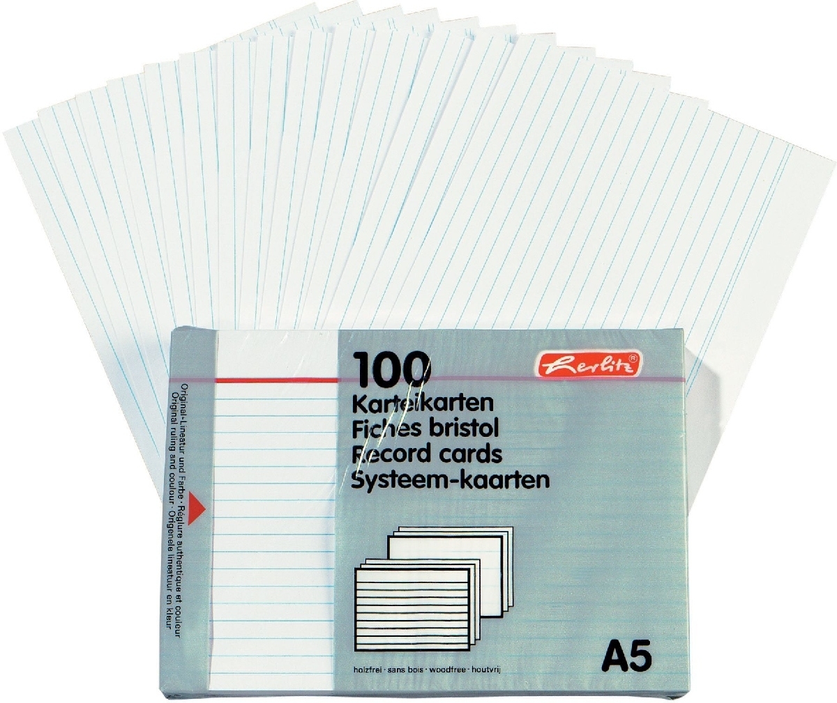 herlitz Karteikarten A5 liniert weiß VE=100 Stück Image