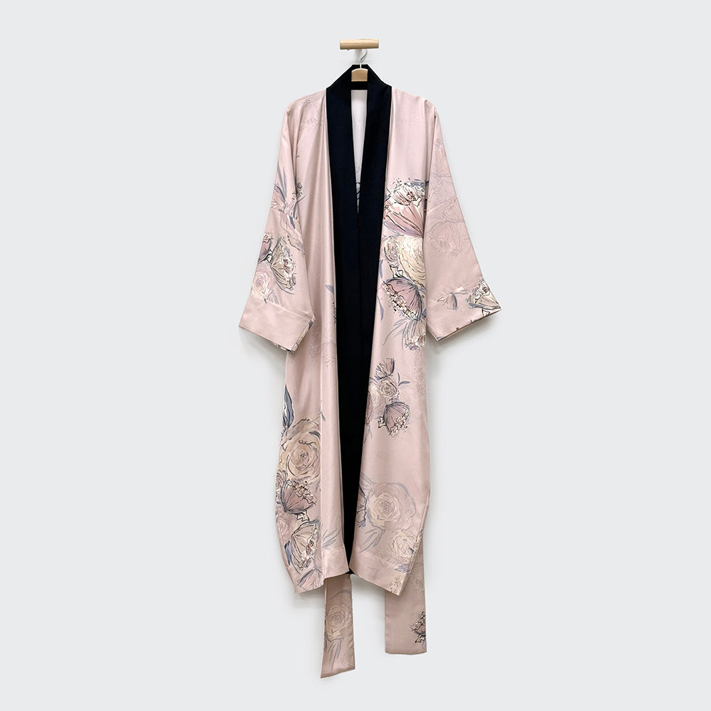 KIM+ONO Kimono Robe | Washable Silk Twill Jia Kimono Wrap | Washable Silk | Cream Blush | Long