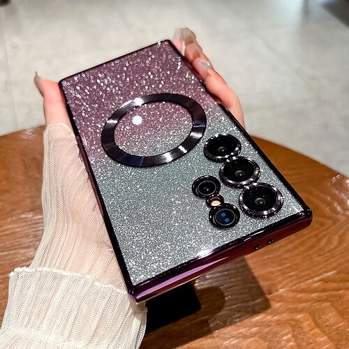 Handy Hülle Handyhüllen Für S25 S24 S24 FE S23 Ultra Plus Rückseite Magnetisch Unterstützt kabelloses Laden Bling Glitzer glänzend Retro TPU Beschichtung PC Image