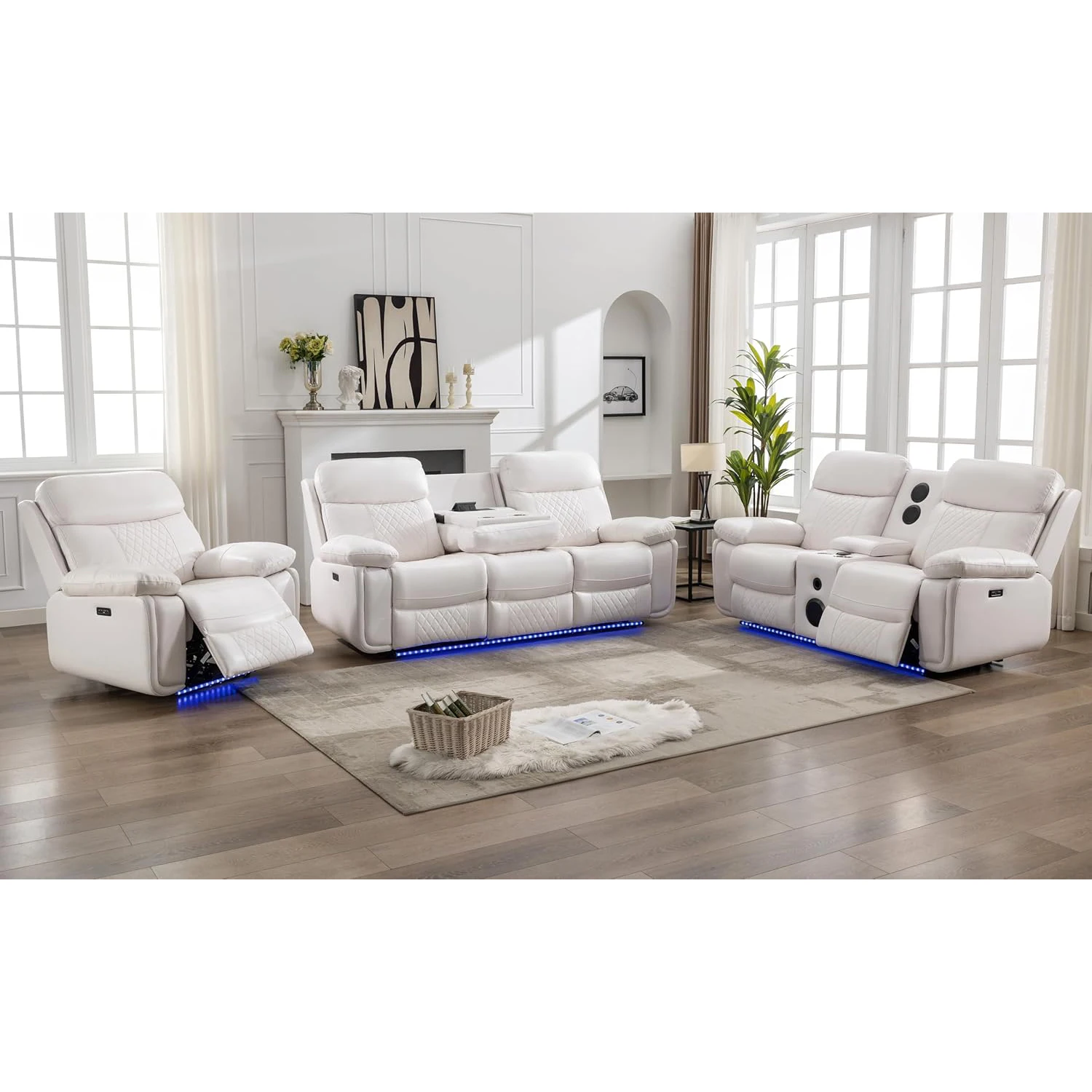 6-Seat Electric Power Recliner Sofa Set With Drop-Off Table, Wireless Charger & Type-C Port, Faux Leather Loveseat With Bass Spe