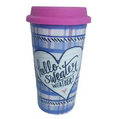 Anthropologie Kitchen | Anthropologie Lily & Val Ceramic 12oz Travel Mug Tumbler Hot Cocoa Coffee Mug | Color: Blue/Pink | Size: Os