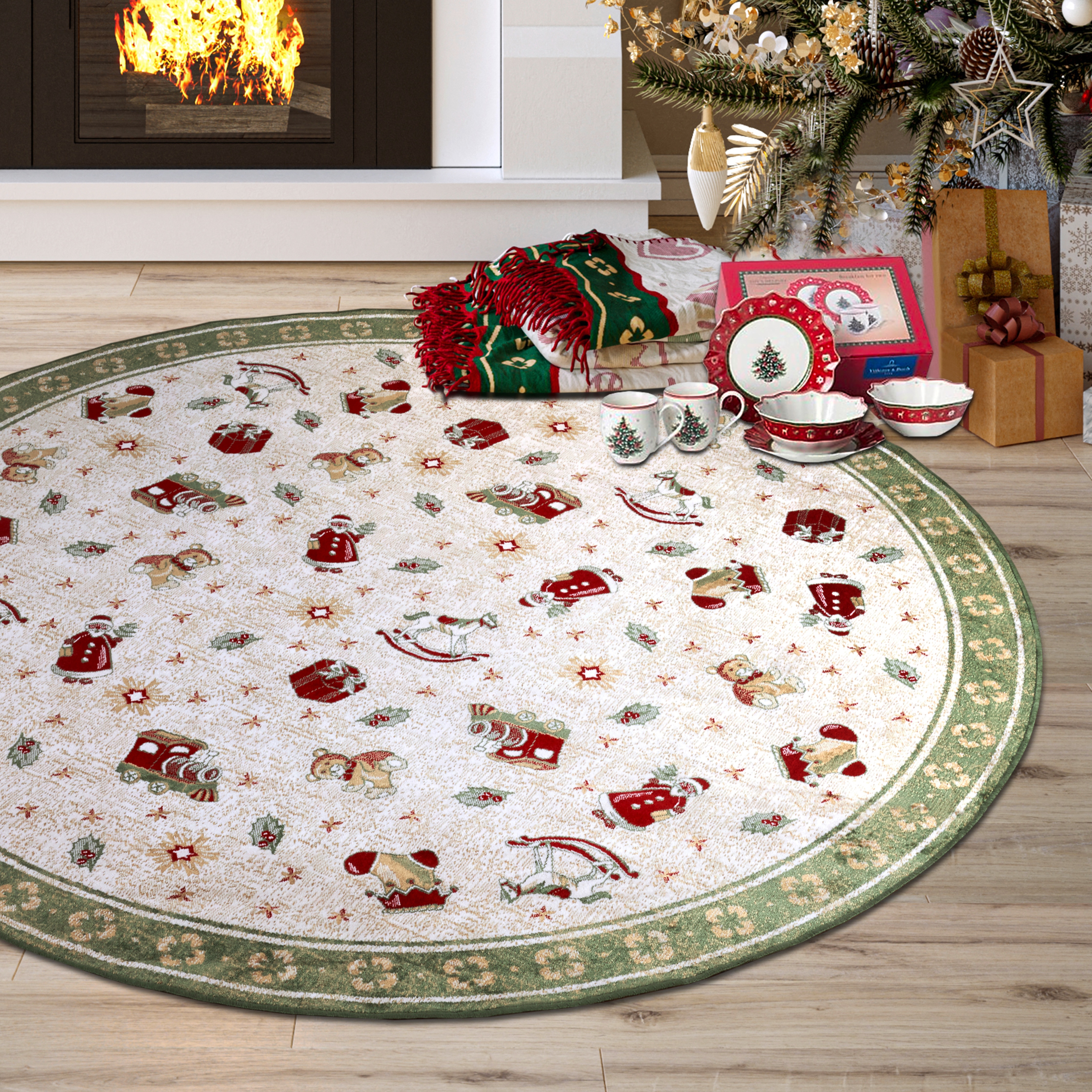 Teppich VILLEROY & BOCH "Nostalgic Shine Toy's Delight, eckig, rund und Läufer", grün (grün,multifarben), B:200cm H:6mm L:200cm, Baumwolle, Viskose, Teppiche, Weihnachten, Wohnzimmer, Flur, Geschenk, Toys Delight, Dekoration Image