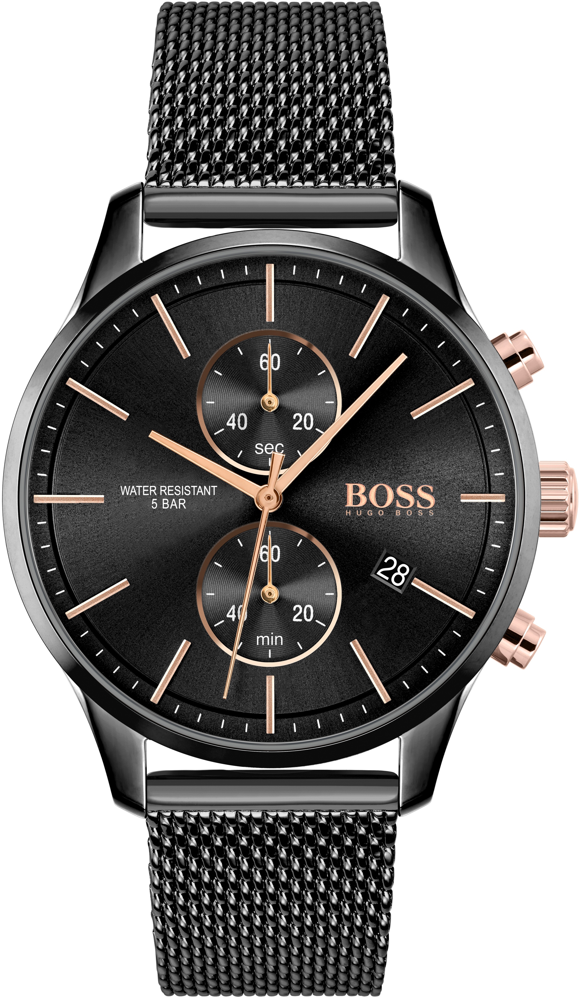 Chronograph BOSS "ASSOCIATE", schwarz (schwarz, schwarz), Armbanduhren, Kinder, Chronograph, Quarzuhr, Herrenuhr, Armbanduhr, Stoppfunktion, Edelstahlarmband