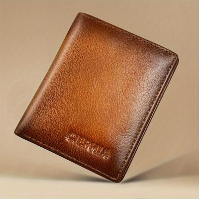 TEMU Vintage Layer Cowhide Wallet Rfid Blocking Anti-theft Brush Double-fold Thin Short Cowhide Wallet With 2 Id Windows And 7 Credit Card Slots, A Gift For Him