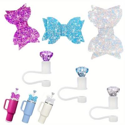 TEMU 6pcs Bow And Diamond Straw Top Cover Simple Drum Cup Reusable Straw Colored Diamond Lid Decorative Accessories