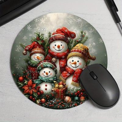 TEMU 1pc Snowman Print Round Mouse Pad, Rubber, Non-slip, Waterproof, Comfortable Office Desk Mat, Ideal Gift For Gamers, Offices, Study Rooms, Print Position May