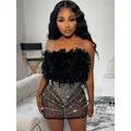 Robe Corset de bal en maille transparente, épaules dénudées, plumes de strass, transparente, boîte de nuit, soirée, fête de mariage, Mini robes Sexy