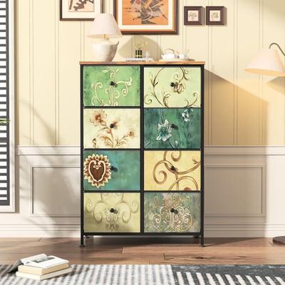 Tanant - Kommode 67 cm – Sideboard mit 8 Schubladen und schwarzen Griffen, Retro-Muster, schwarzer Image