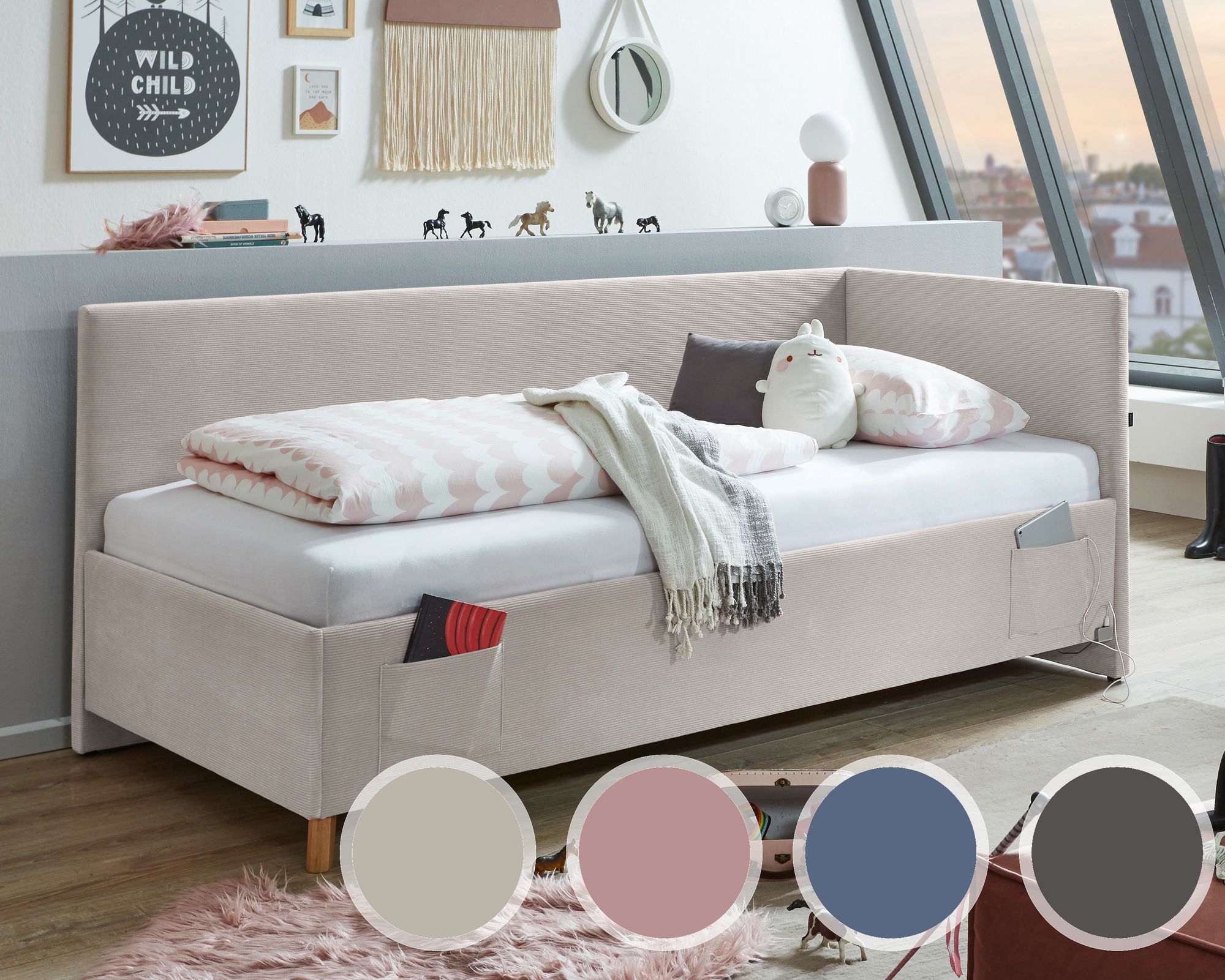 meise.möbel »Cool II« Jugendbett Cord 120x200 cm / ocean / mit Rückenteil / ohne Bettkasten / mit Matratze / Härtegrad H2/H3