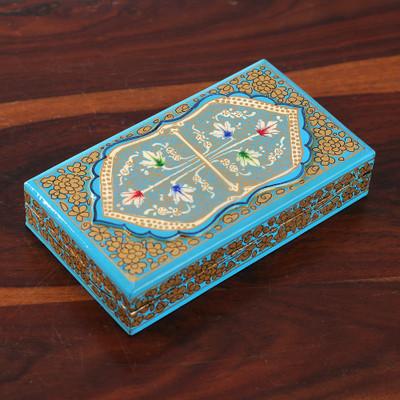 Aqua Chinar Embrace,'Aqua Hand Painted Folk Art Papier Mache Wood Decorative Box'