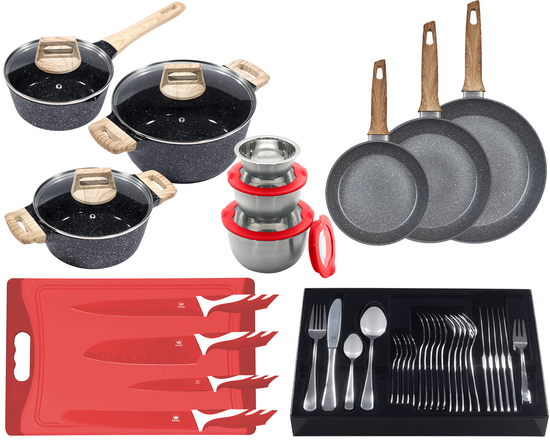 Topf-Set KING "»ESSENTIAL« Aluminium, Induktion, Antihaftbeschichtung", rot, 7,5 l, Töpfe, 3 Pfannen, 4 Küchenmesser, 1 Schneidebrett, 3 Vorratsdosen mit Deckel