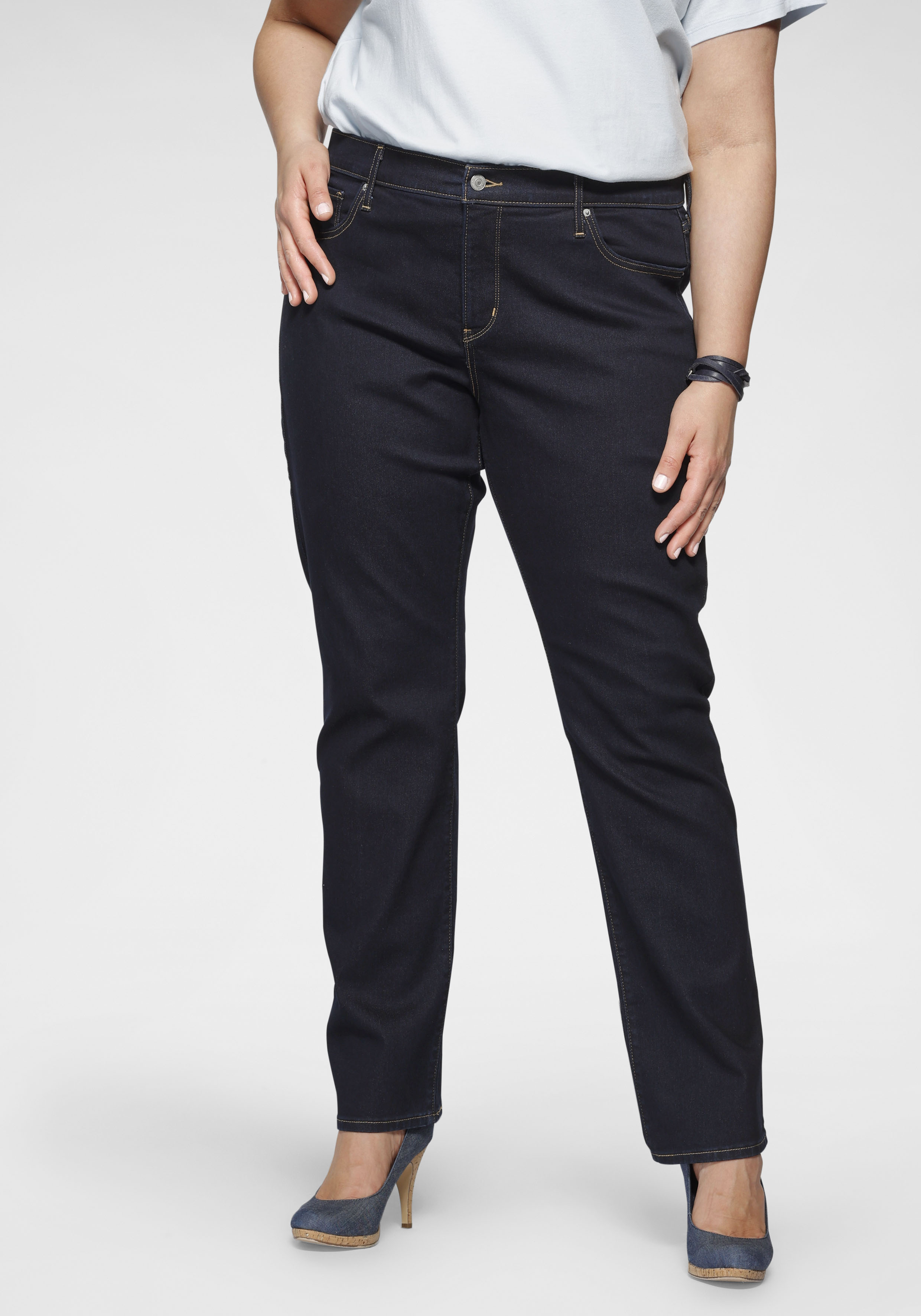 Straight-Jeans LEVI'S PLUS "314 Shaping Straight", Damen, Gr. 16 (48), Länge 32, blau (rinsed), Denim/Jeans, Obermaterial: 80% Baumwolle, 19% Polyester, 1% Elasthan, lang, Jeans, in Baumwoll-Stretch Image