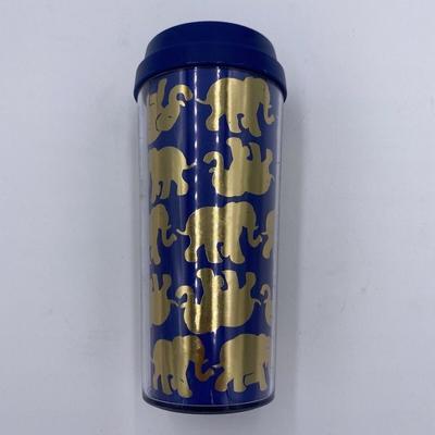 Lilly Pulitzer Dining | Lilly Pulitzer 16 Oz Travel Mug Tumbler Blue Gold Insulated Elephant Design 8” | Color: Blue/Gold | Size: Os