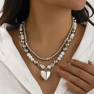 TEMU 2pcs Fashionable Minimalist Hollow Beaded Collarbone Chain Simple Heart Pendant Necklace Autumn-winter Set Image